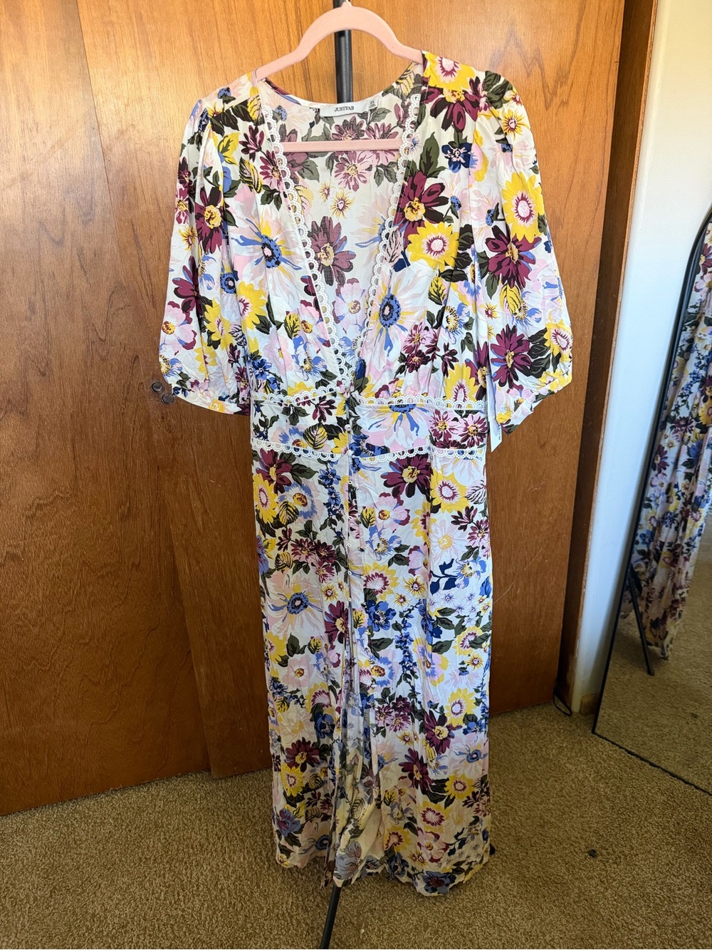JustFab Floral Maxi Dress in White with Yellow & Blue Accents